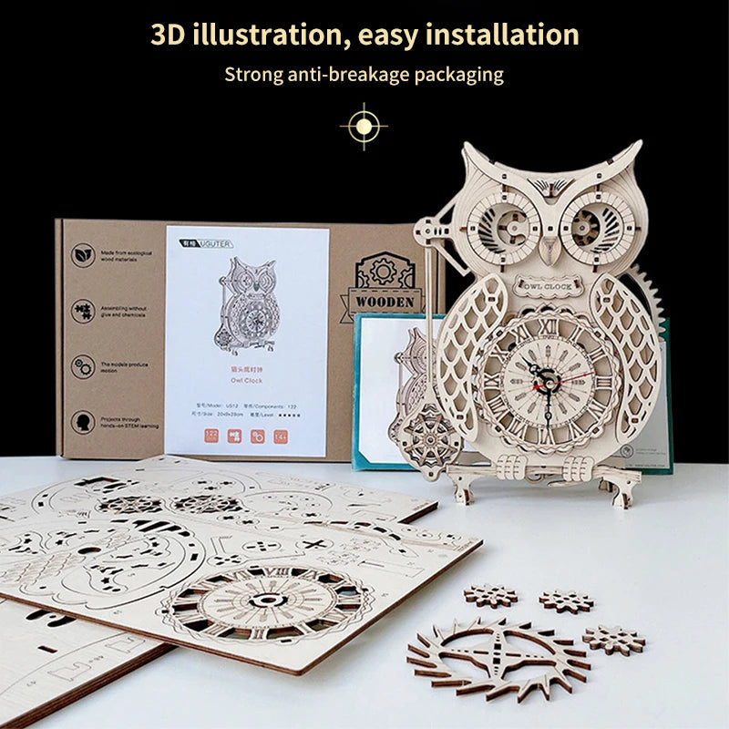 Wooden Puzzle 3D Owl Clock Model Building Kits Creative DIY Wall Clock Mechanical Retro Pendulum Clock Assembly Toy for Adults    Home Decor Supply | Online Retail | ShoreShopper.com