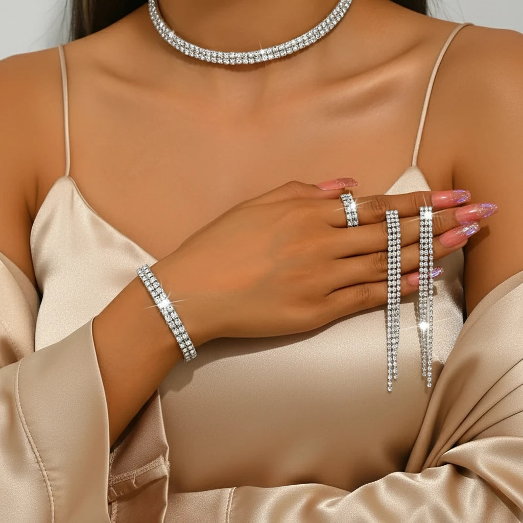 5pcs Luxurious Rhinestone Jewelry Set for Women,Choker, Earrings, Stretch Bracelet & Ring for Weddings, Banquets & Parties    Home Decor Supply | Online Retail | ShoreShopper.com