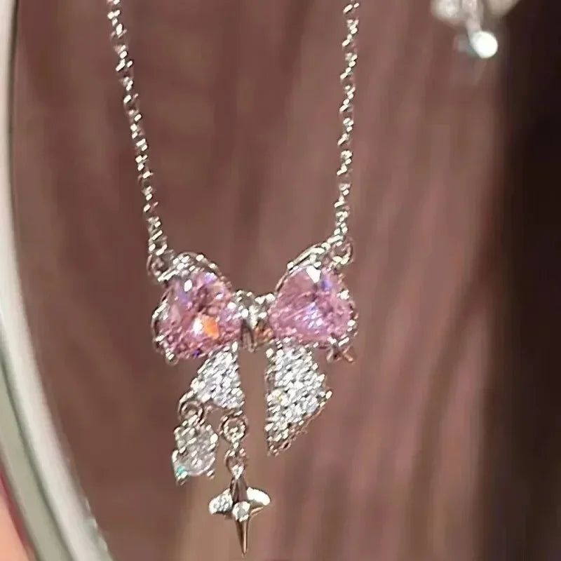 Fashion Fairy Pink Crystal Bow Knot Pendant Necklaces Y2K Girls Sweet Rhinestone Heart Clavicle Chain Women Jewelry Gifts    Home Decor Supply | Online Retail | ShoreShopper.com
