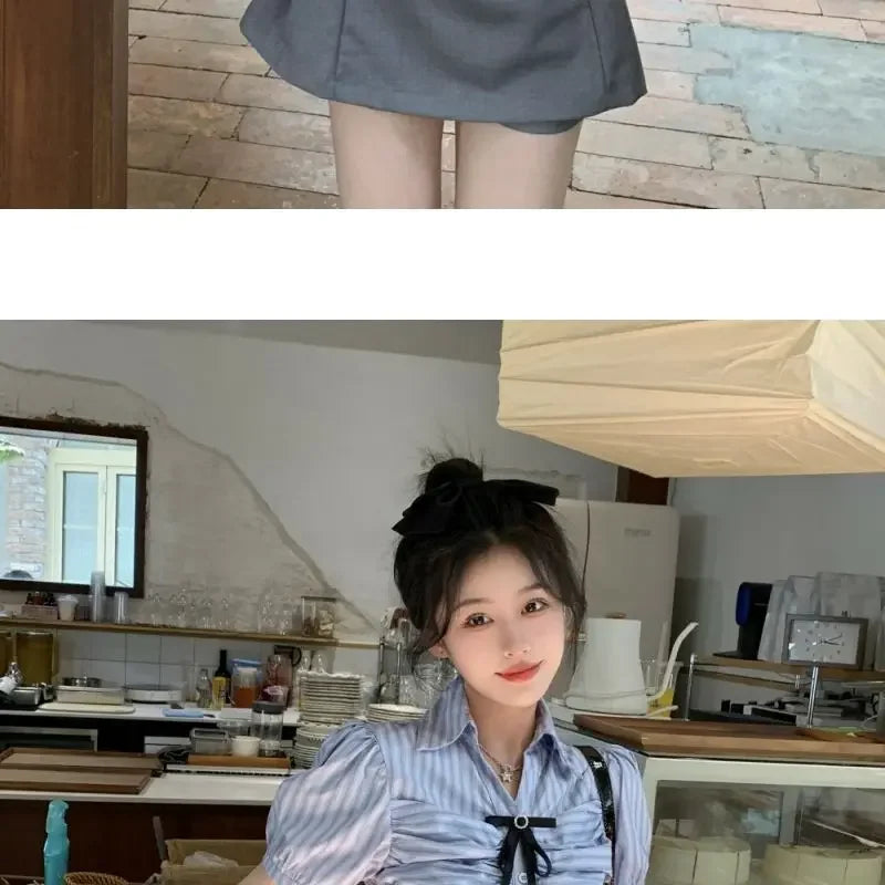 Bow-rinked Striped Shirt for Women Summer French Sweet and Spicy Puff Sleeve Shirt Short Short Sleeve Top    Home Decor Supply | Online Retail | ShoreShopper.com