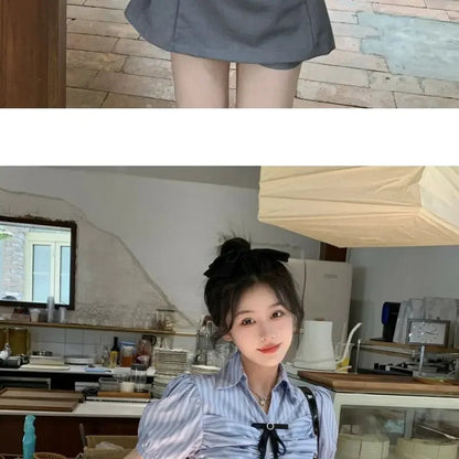 Bow-rinked Striped Shirt for Women Summer French Sweet and Spicy Puff Sleeve Shirt Short Short Sleeve Top    Home Decor Supply | Online Retail | ShoreShopper.com