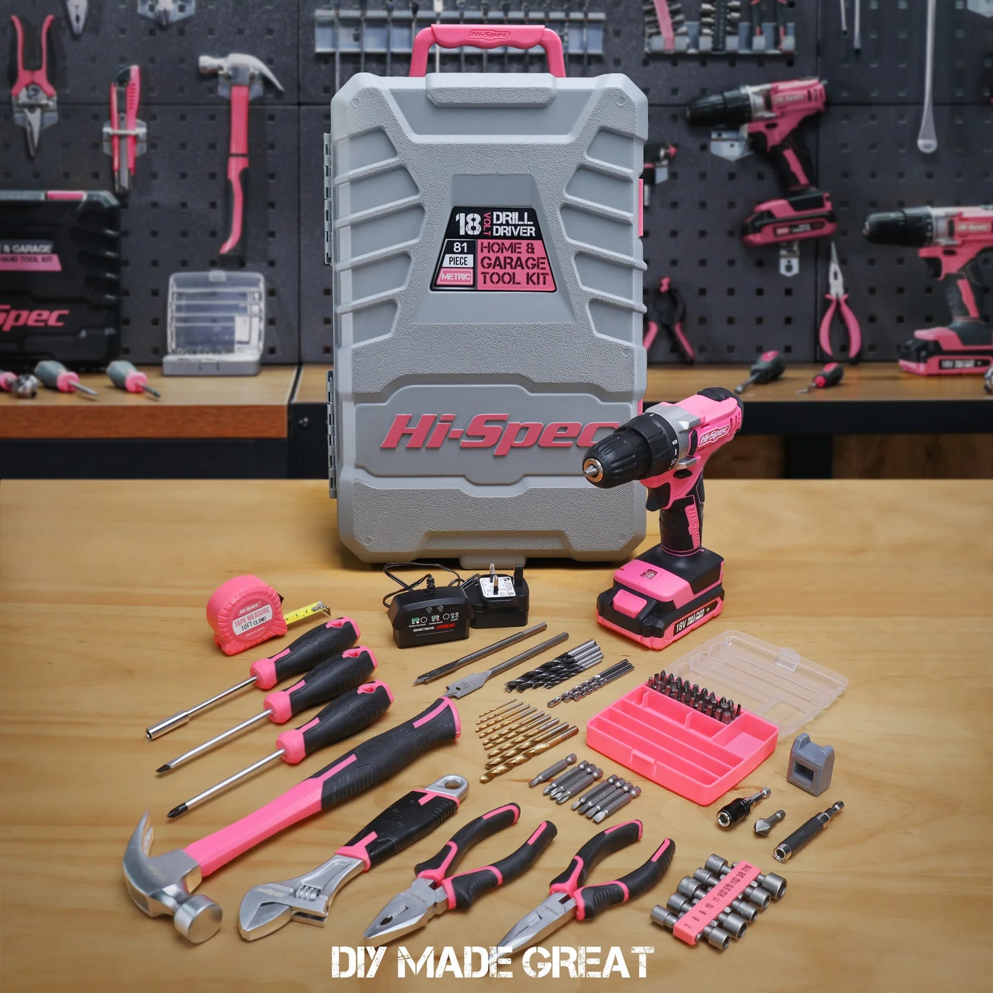 Hi-Spec 92-Piece Pink Home Tool Box Set, Multi-Function Hand Repair Kit with Hammer Cordless Power Drill Combo for Household DIY - ShoreCo.Shop