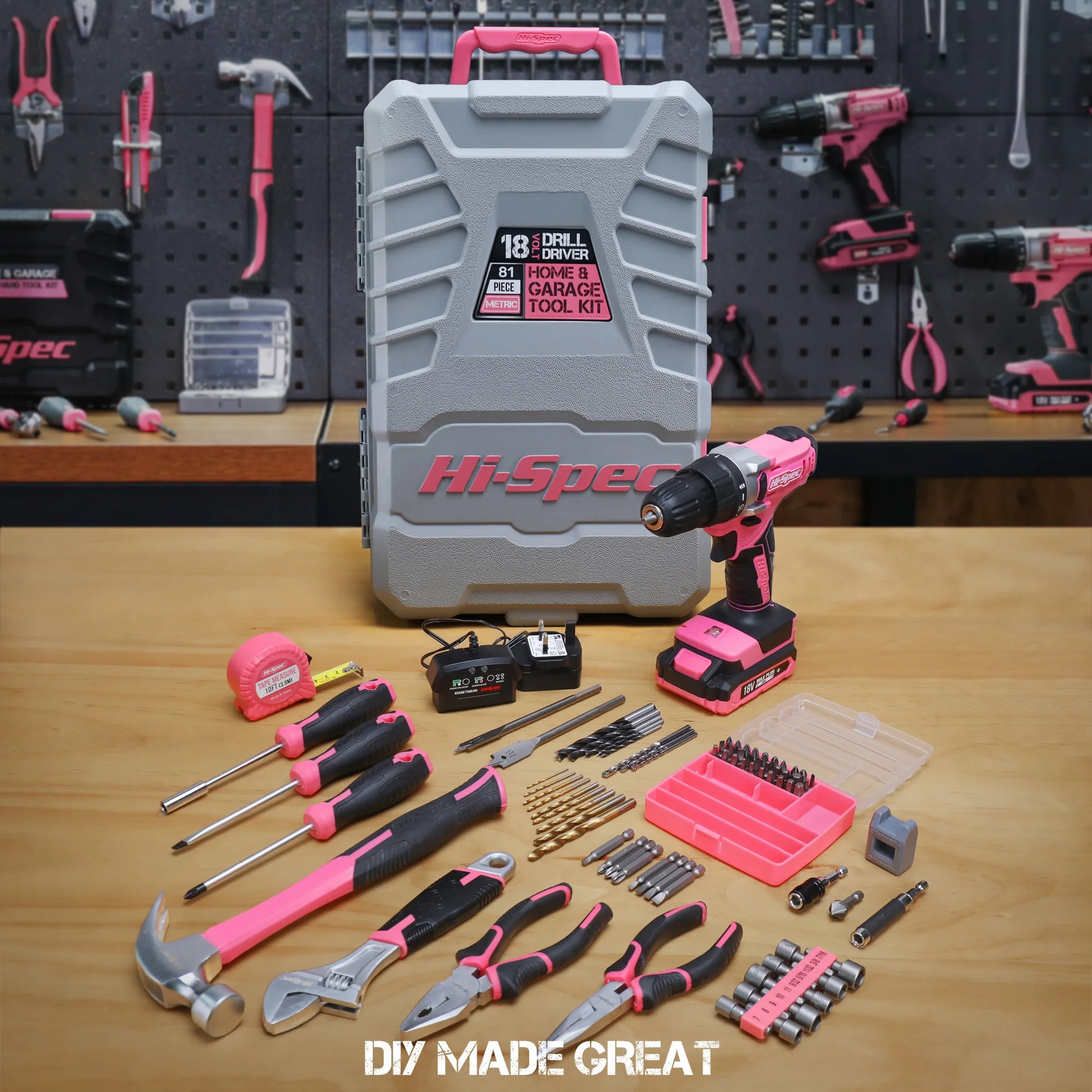 Hi-Spec 92-Piece Pink Home Tool Box Set, Multi-Function Hand Repair Kit with Hammer Cordless Power Drill Combo for Household DIY - ShoreCo.Shop