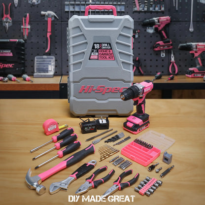 Hi-Spec 92-Piece Pink Home Tool Box Set, Multi-Function Hand Repair Kit with Hammer Cordless Power Drill Combo for Household DIY - ShoreCo.Shop