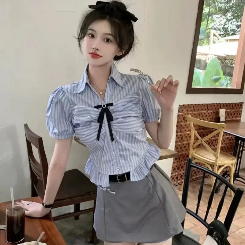 Bow-rinked Striped Shirt for Women Summer French Sweet and Spicy Puff Sleeve Shirt Short Short Sleeve Top    Home Decor Supply | Online Retail | ShoreShopper.com