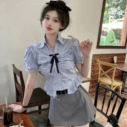 Bow-rinked Striped Shirt for Women Summer French Sweet and Spicy Puff Sleeve Shirt Short Short Sleeve Top    Home Decor Supply | Online Retail | ShoreShopper.com