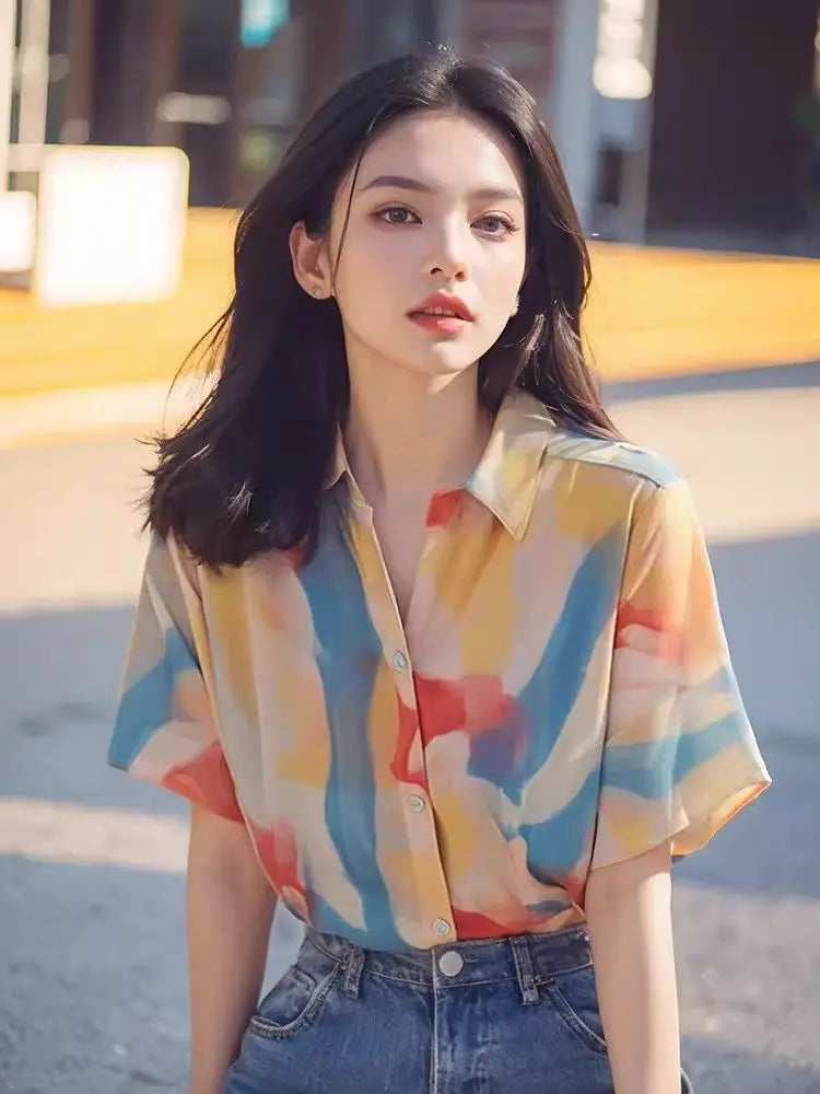 French Chic Top Print Versatile Elegant Casual Chiffon Short-sleeved Shirt for Women    Home Decor Supply | Online Retail | ShoreShopper.com