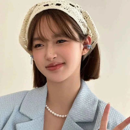 Fashion Knitted Headscarf Hat French Pastoral Style Triangle Headband Handmade Crochet Headband Towel Retro Flower Headscarf