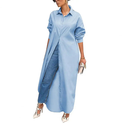 Women Shirt Windproof Shirt Dress Versatile Hem Stylish Autumn Winter Solid Color Shirt Long Dress    Your Coastal Marketplace | Shoreshopper.com