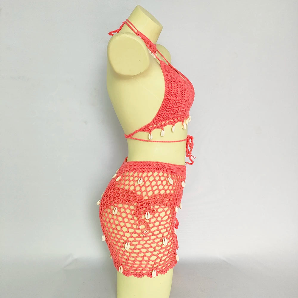 Women Beach Wear Swimsuit Cover-Ups Boho Summer See-Through Hollow Out Bandage High Waist Short Beach Skirt Crochet Knit Skirts    Your Coastal Marketplace | Shoreshopper.com