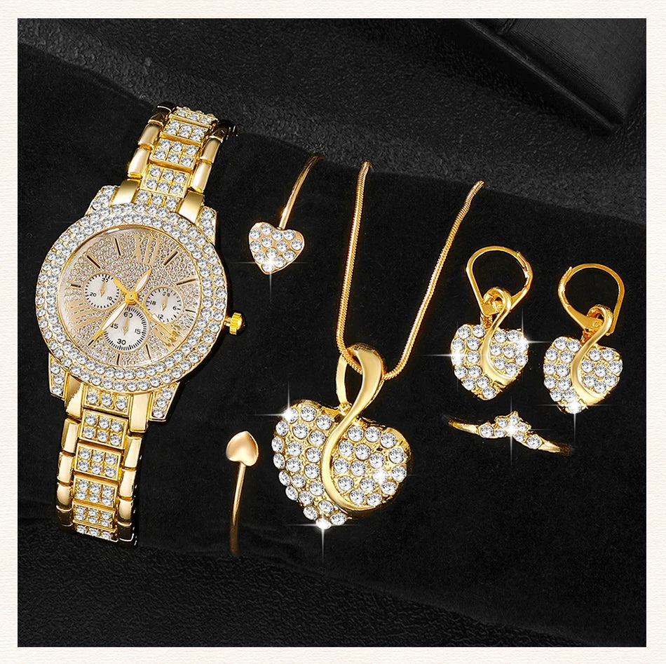 Women's Quartz Watch Gold Luxury Women Ring Necklace Earring Rhinestone Fashion Wristwatch Casual Ladies Watches Jewelry Set    Home Decor Supply | Online Retail | ShoreShopper.com