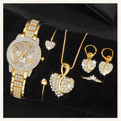 Women's Quartz Watch Gold Luxury Women Ring Necklace Earring Rhinestone Fashion Wristwatch Casual Ladies Watches Jewelry Set    Home Decor Supply | Online Retail | ShoreShopper.com