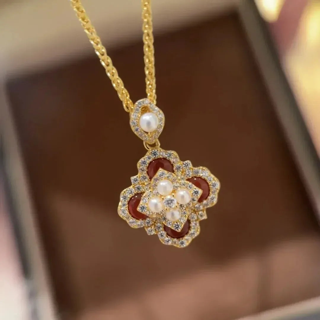 Classic and showy luxury red flower bridal jewelry sets for women exquisite pearl red chalcedony earrings rings necklace    Home Decor Supply | Online Retail | ShoreShopper.com