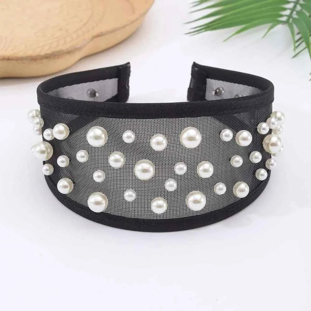 Headwear Mesh Pearls Headband Creative Beads Rhinestone Wide Hair Hoop Solid Color Waterproof Black White Hairband Wash Face