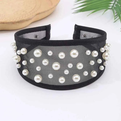 Headwear Mesh Pearls Headband Creative Beads Rhinestone Wide Hair Hoop Solid Color Waterproof Black White Hairband Wash Face