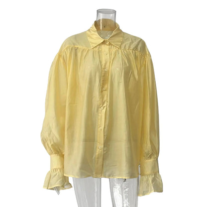 Women's Shirt Long Sleeve Turn-down Collar Sexy See-through Loose Button Women Shirts Beach Style Simple Solid Color Casual Tops    Your Coastal Marketplace | Shoreshopper.com