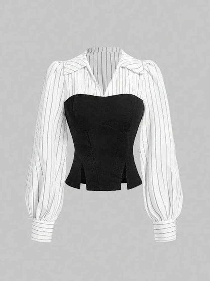 Women Elegant Striped Shirt Business Casual Office Blouse with Lapel Spliced Design Fashion Slim Fit Work Shirt