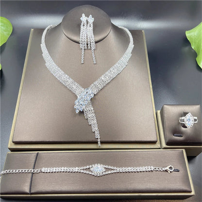 Fashion Crystal Bridal Jewelry Sets Silver Color Geometric Choker Necklace Earrings Bracelet Ring Four-piece Wedding Jewelry Set    Home Decor Supply | Online Retail | ShoreShopper.com