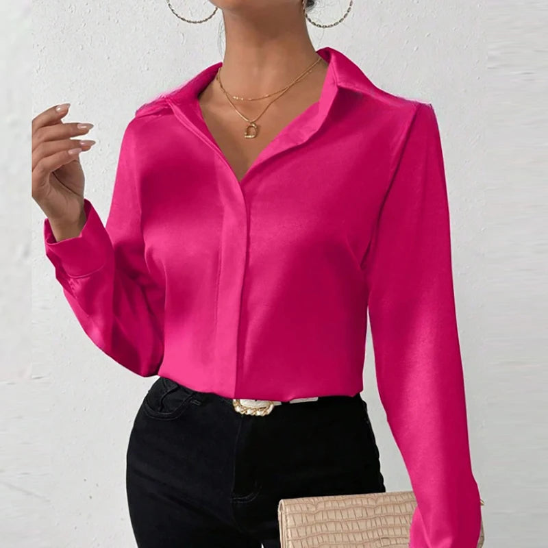 Women Long Sleeve Silk Shirt Female Fashion Turn Down Collar Button Blouse Women Elegant Satin Tops Office Lady Shirt    Your Coastal Marketplace | Shoreshopper.com