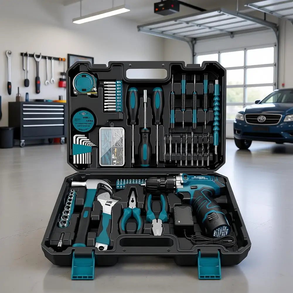 Tool Kit 206PCS with Drill - 12V Cordless Power Drill Combo Home Tool Set - Portable Basic General Household Toolbox for Repair - ShoreCo.Shop