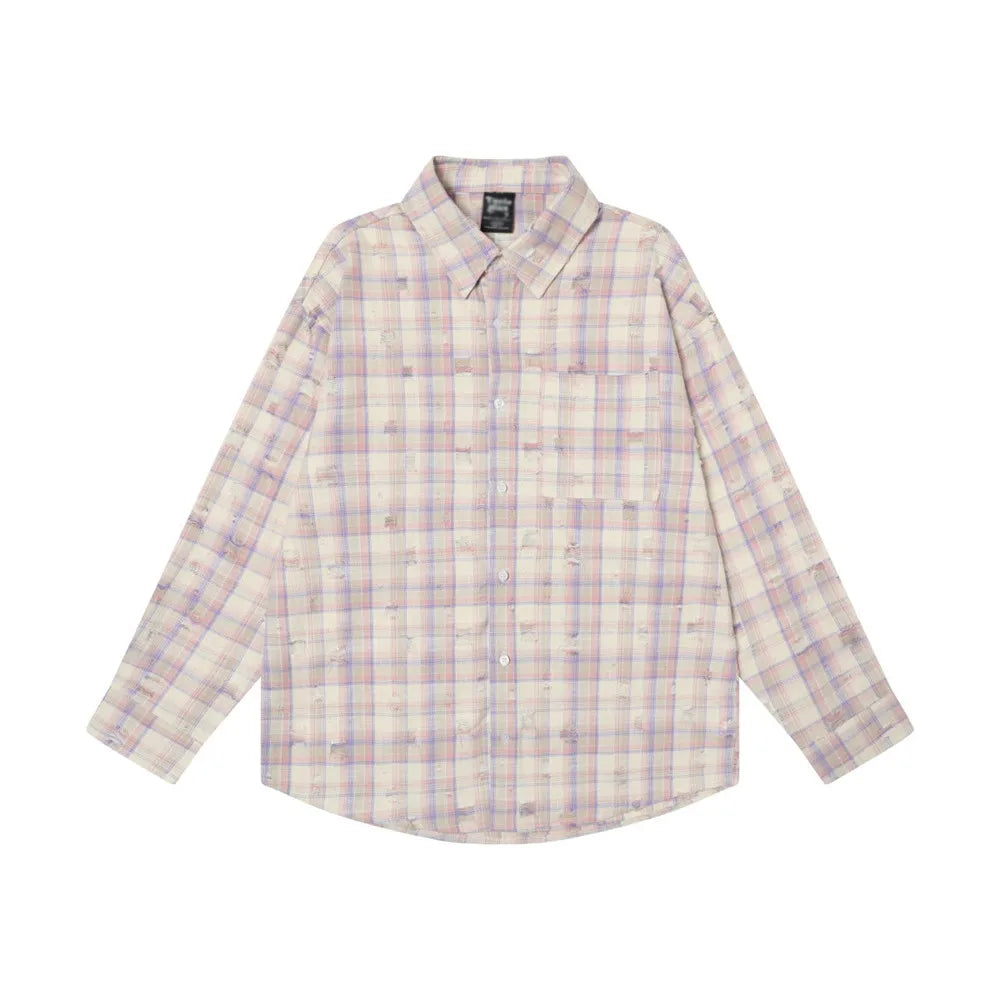 Ripped Plaid Long Sleeve Shirts Mens Pocket Autumn High Street Loose Lapel Single Breasted Checked Shirt Men    Home Decor Supply | Online Retail | ShoreShopper.com