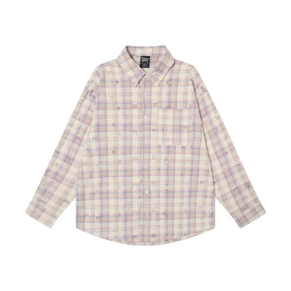 Ripped Plaid Long Sleeve Shirts Mens Pocket Autumn High Street Loose Lapel Single Breasted Checked Shirt Men    Home Decor Supply | Online Retail | ShoreShopper.com
