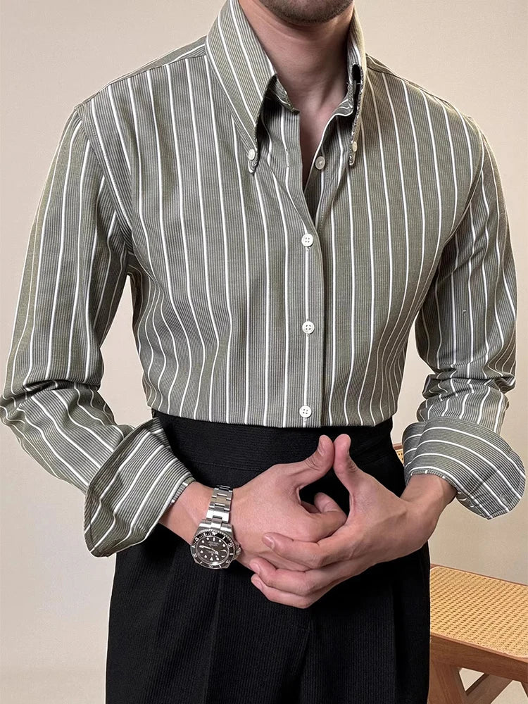 Vintage Striped Printed Slim Shirts Mens Casual Long Sleeve Lapel Buttoned Shirt 2025 Spring Fall Mens Shirt Naple Style Clothes    Home Decor Supply | Online Retail | ShoreShopper.com