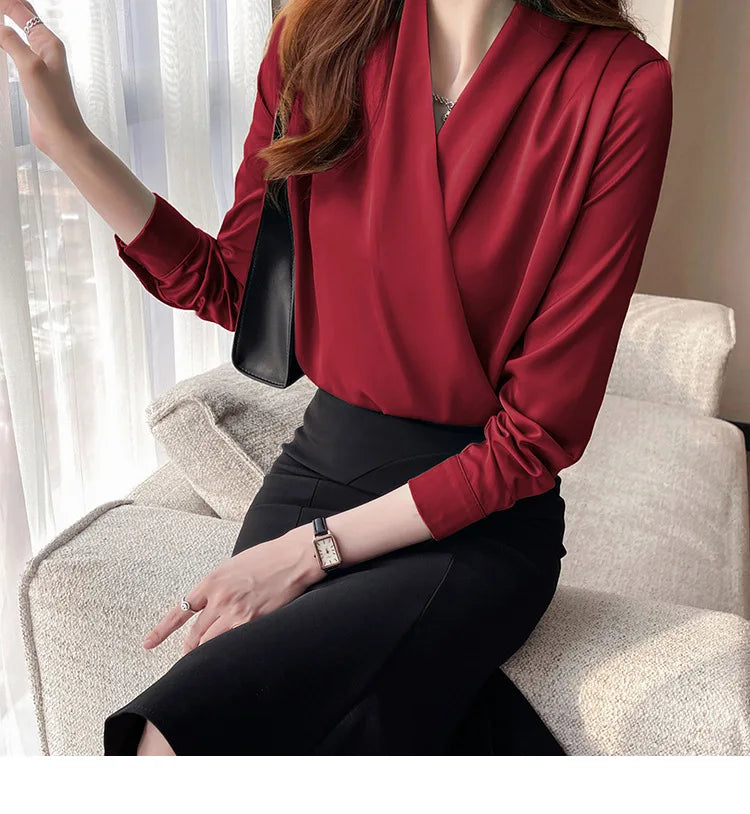 Women's Shirt, New 2026 Spring & Autumn Style, Cross V-Neck Long Sleeve Versatile Top    Your Coastal Marketplace | Shoreshopper.com