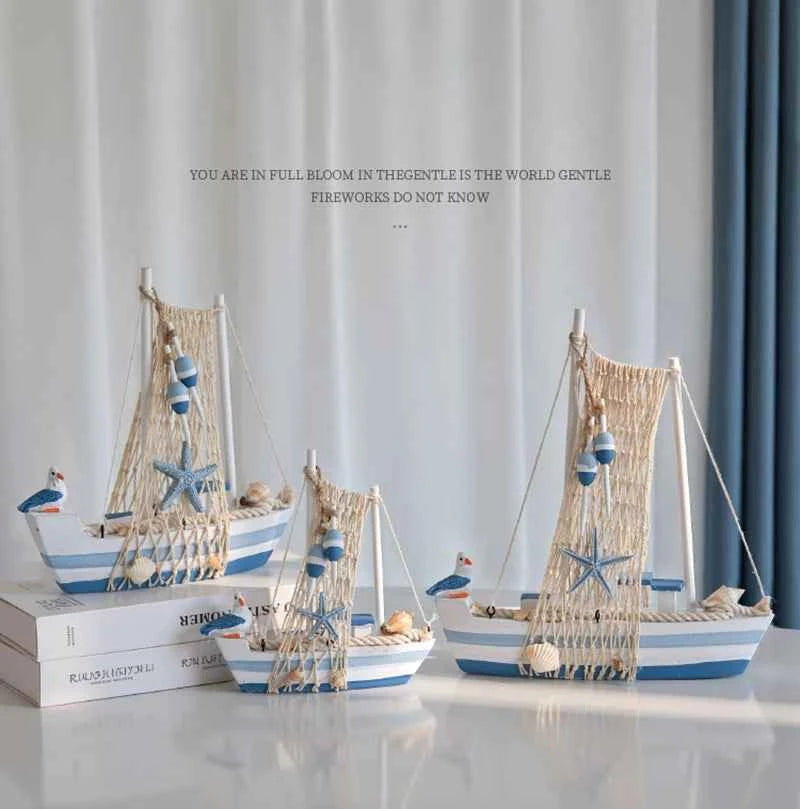 2025 Mediterranean Style Wooden Sailing Boat Model Ocean Style Desktop Ornament Crafts Small Wood Boat Kids Room Home Decor Gift