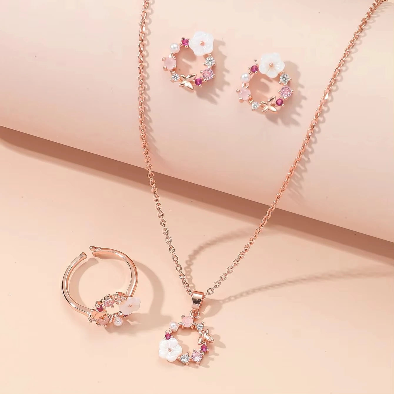 4 Pieces Rose Gold-color Lady Flower Fashion Accessories Zircon Simple Ornate Exquisite Necklace Ring Earrings Jewelry Set    Home Decor Supply | Online Retail | ShoreShopper.com