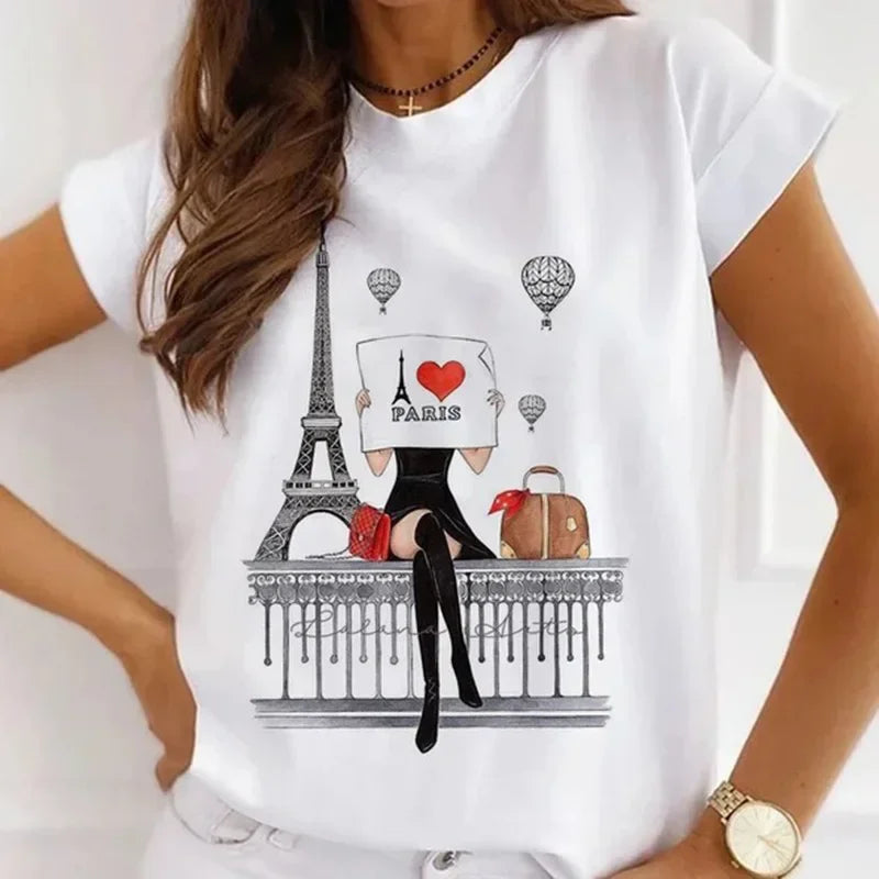 Paris Tower Print Short Sleeve Casual Women's Round Collar T-shirt Graphic T Shirts  Shirts for Women Clothes Oversized T Shirt    Home Decor Supply | Online Retail | ShoreShopper.com