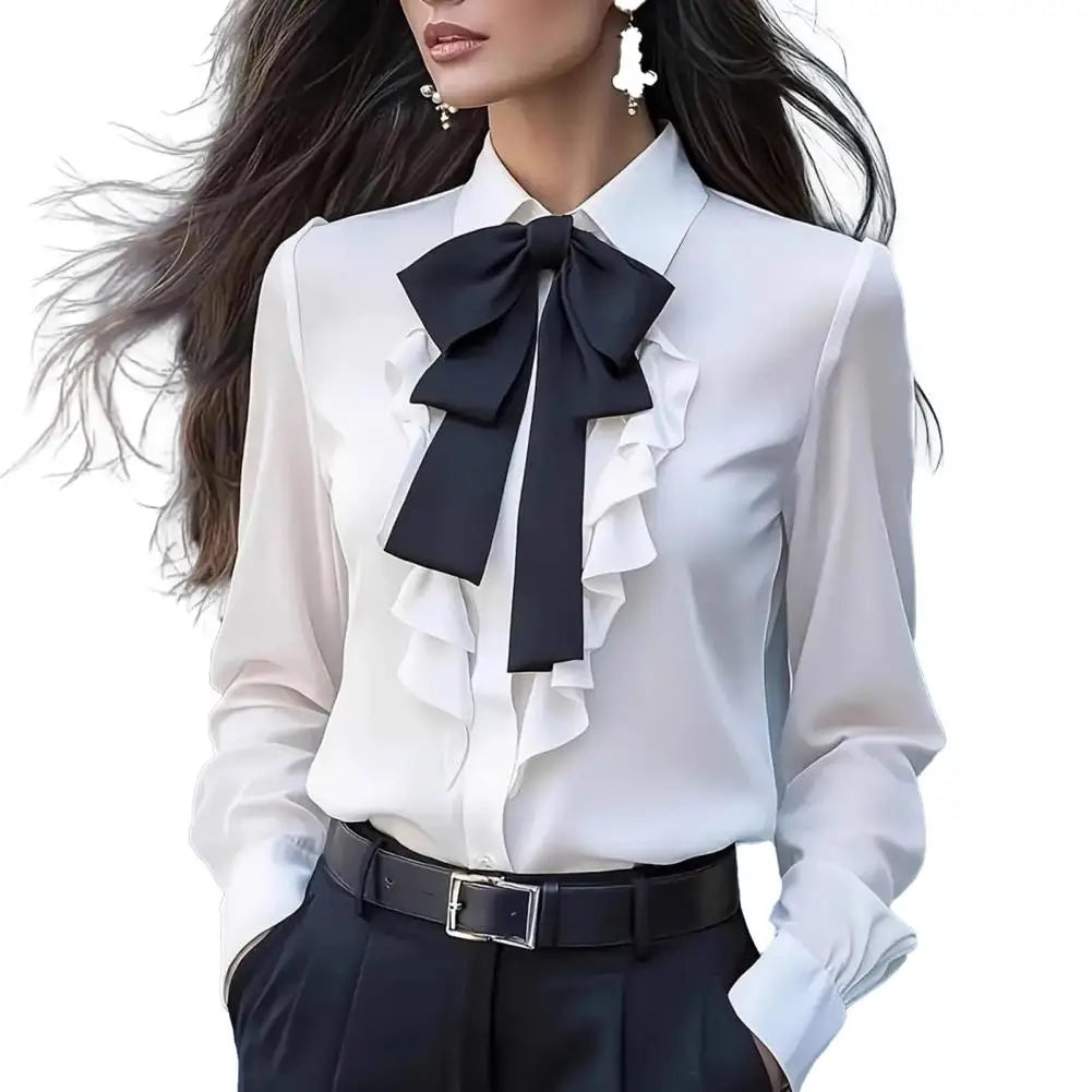 Women Shirts 2026 Spring Autumn Women Shirt Lapel Bow Ruffle Design Long Sleeve Shirt Tops Buttons Closure Shirt Blouses Tops    Your Coastal Marketplace | Shoreshopper.com