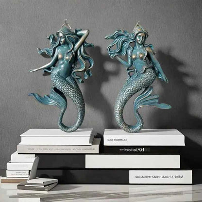 Retro Distressed Blue Mermaid Figurine Resin Mermaid Wall Art Decor Nautical Tabletop Statue for Bathroom Bedroom Seaside House