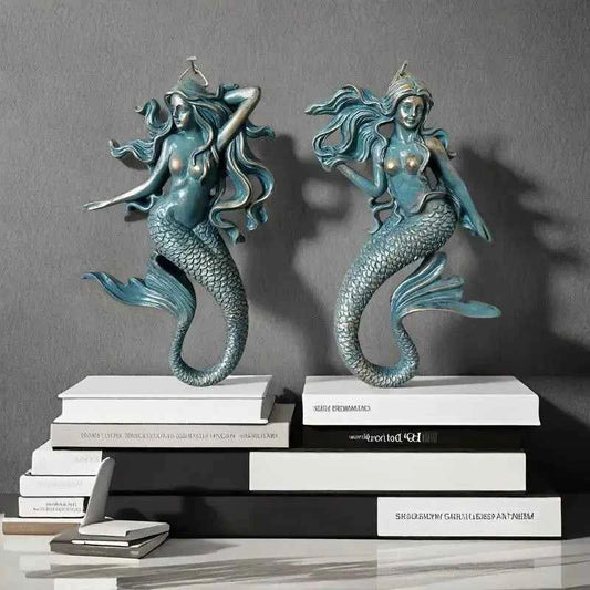 Retro Distressed Blue Mermaid Figurine Resin Mermaid Wall Art Decor Nautical Tabletop Statue for Bathroom Bedroom Seaside House