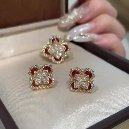 Classic and showy luxury red flower bridal jewelry sets for women exquisite pearl red chalcedony earrings rings necklace    Home Decor Supply | Online Retail | ShoreShopper.com