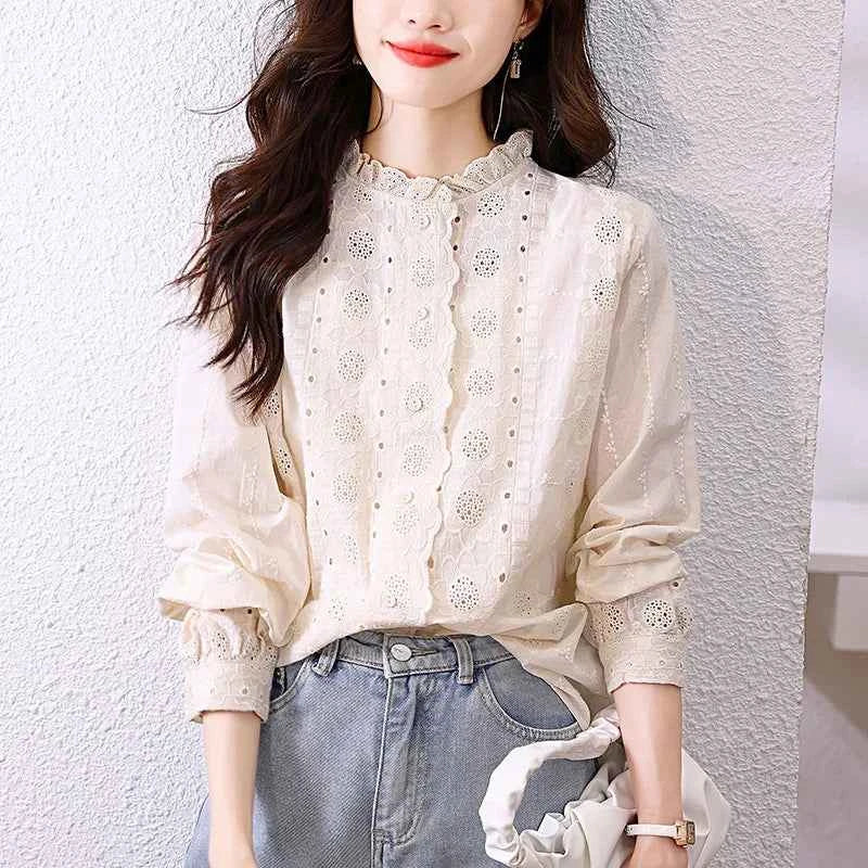 Women'S Shirt Spring Hollow Lace Ruffles O Neck Elegant Apricot Tops Long Sleeve Embroidered Cotton Shirt Vitnage Office Lady