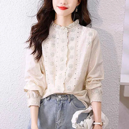 Women'S Shirt Spring Hollow Lace Ruffles O Neck Elegant Apricot Tops Long Sleeve Embroidered Cotton Shirt Vitnage Office Lady