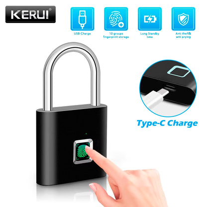 KERUI Smart Fingerprint Padlock Waterproof Fingerprint Keyless Door Lock Type C Rechargeable Security Padlock for House - ShoreCo.Shop