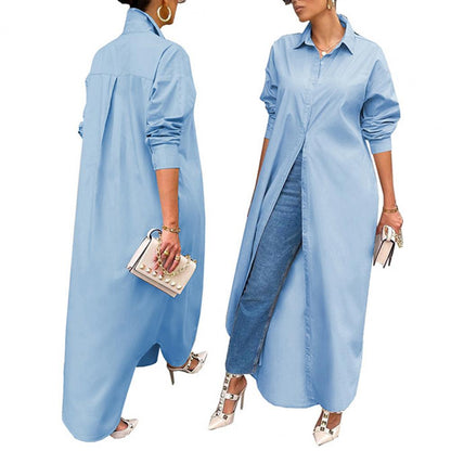Women Shirt Windproof Shirt Dress Versatile Hem Stylish Autumn Winter Solid Color Shirt Long Dress    Your Coastal Marketplace | Shoreshopper.com