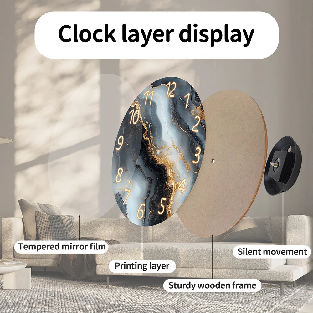 1 piece wooden wall clock, fantasy theme - blue and gold marble - like texture pattern tempered film veneer silent clock, suitab    Home Decor Supply | Online Retail | ShoreShopper.com