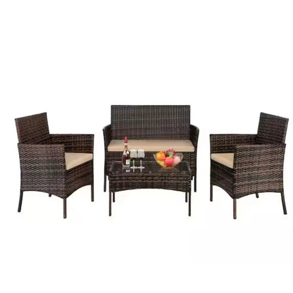 Outdoor Furniture with Soft Cushion and Glass Table, All Weather Manual Weaving Wicker Rattan Patio Chairs for Garden    Home Decor Supply | Online Retail | ShoreShopper.com