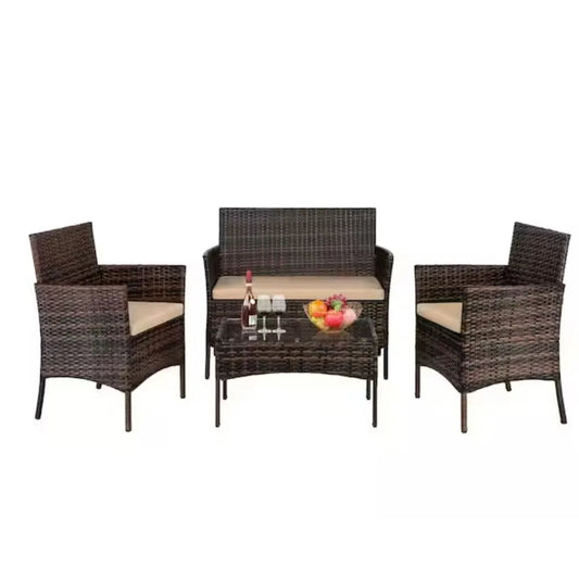 Outdoor Furniture with Soft Cushion and Glass Table, All Weather Manual Weaving Wicker Rattan Patio Chairs for Garden    Home Decor Supply | Online Retail | ShoreShopper.com