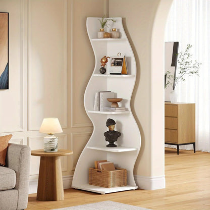 5-Tier Wave Bookshelf  Modern curved corner shelf with metal frame and wooden shelves, white finish, sturdy floor design bedroom    Home Decor Supply | Online Retail | ShoreShopper.com
