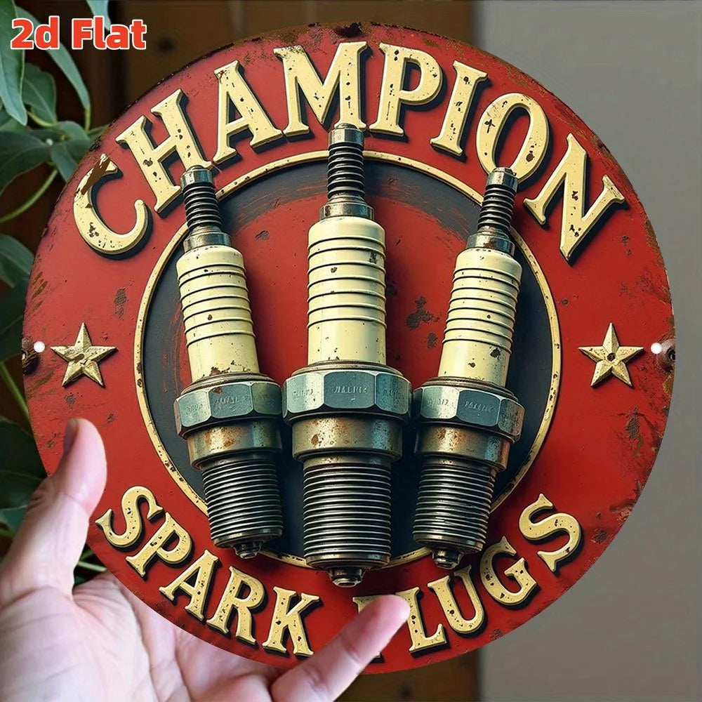 Vintage Champion Spark Plug Logo Metal Wall Art - 19.81cm Round Aluminum Sign with Red & Golden Racing Design, Automotive Engine    Home Decor Supply | Online Retail | ShoreShopper.com