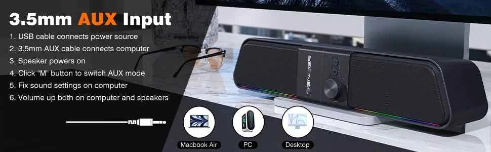 SENZER Computer Speakers-Gaming Speaker with Stereo Sound,PC Sound Bar for Laptop Desktop Monitor (Bluetooth & 3.5mm Aux)