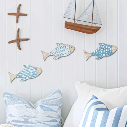 2D Wooden Fish Nautical Walls Beach Art Walls Hang Decorated Marine Themed Retro blue Fish Family Bathroom Pendants Gifts