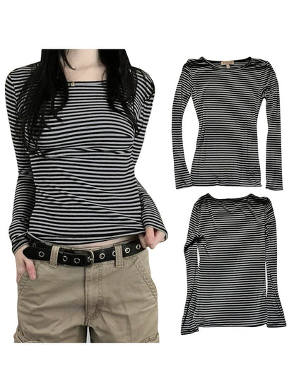 Long Sleeve Shirts for Women Fashion Casual Basic Crew Neck Striped Slim Fit T-shirt Going Out Blouses Y2K Vintage Tight Shirts    Your Coastal Marketplace | Shoreshopper.com