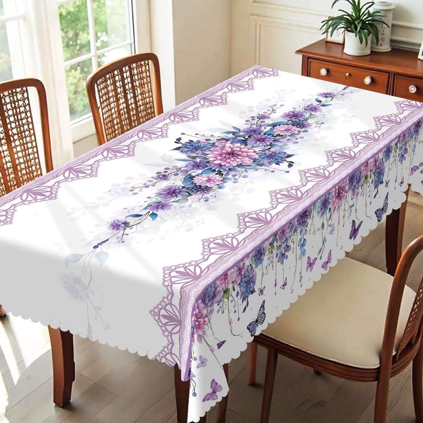 1pc Purple Floral Butterfly Tablecloth, Round & Rectangular Shapes, Perfect for Kitchen, Dining, Yard, Spring Summer Decor    Your Coastal Marketplace | Shoreshopper.com