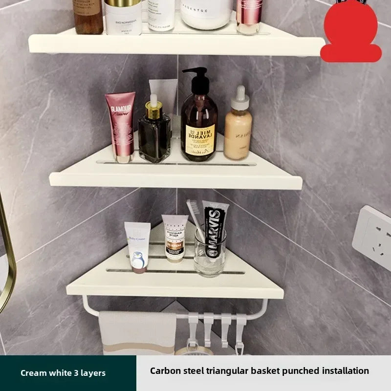 Bathroom Triangle Drain Shelf No Drilling Wall Mounted Cosmetic and Toiletries Hollow Carbon Steel Shelf with Hooks    Home Decor Supply | Online Retail | ShoreShopper.com