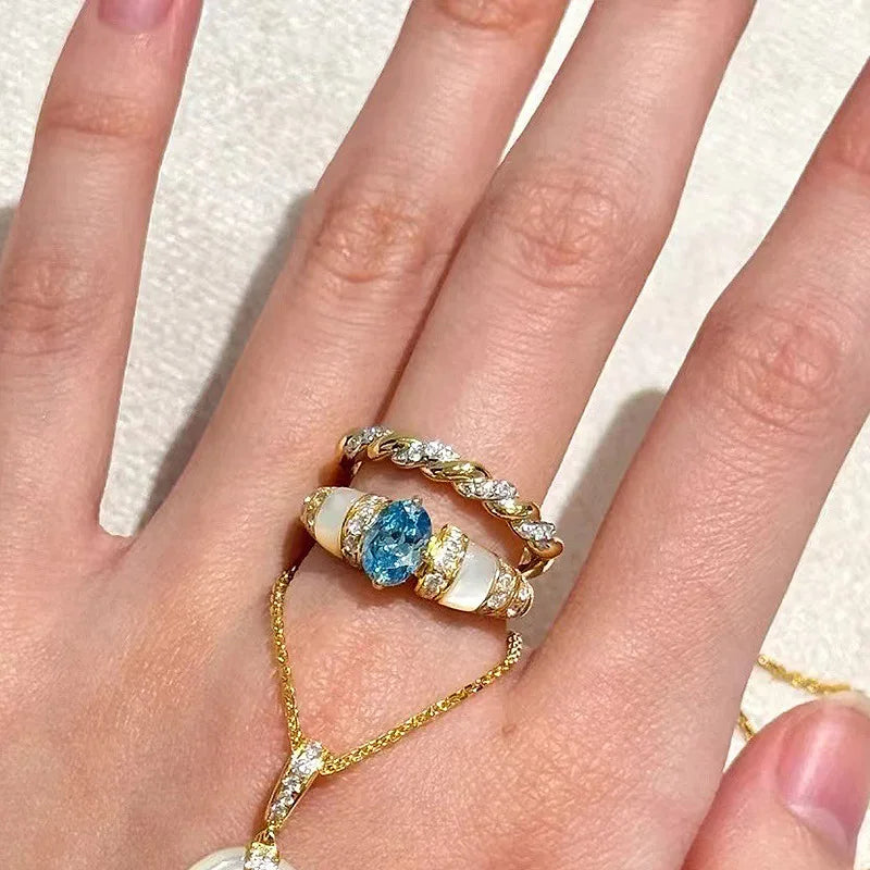 Classic blue jewelry sets dreamy aquamarine gem White Fritillaria ring necklace High quality palace style retro wedding gift    Home Decor Supply | Online Retail | ShoreShopper.com